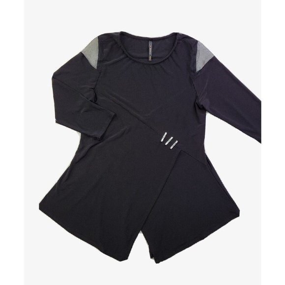IC Connie K Women's S Black Tunic Silver Faux Clips 3/4 Sleeves Mesh Lagenlook - Picture 1 of 11